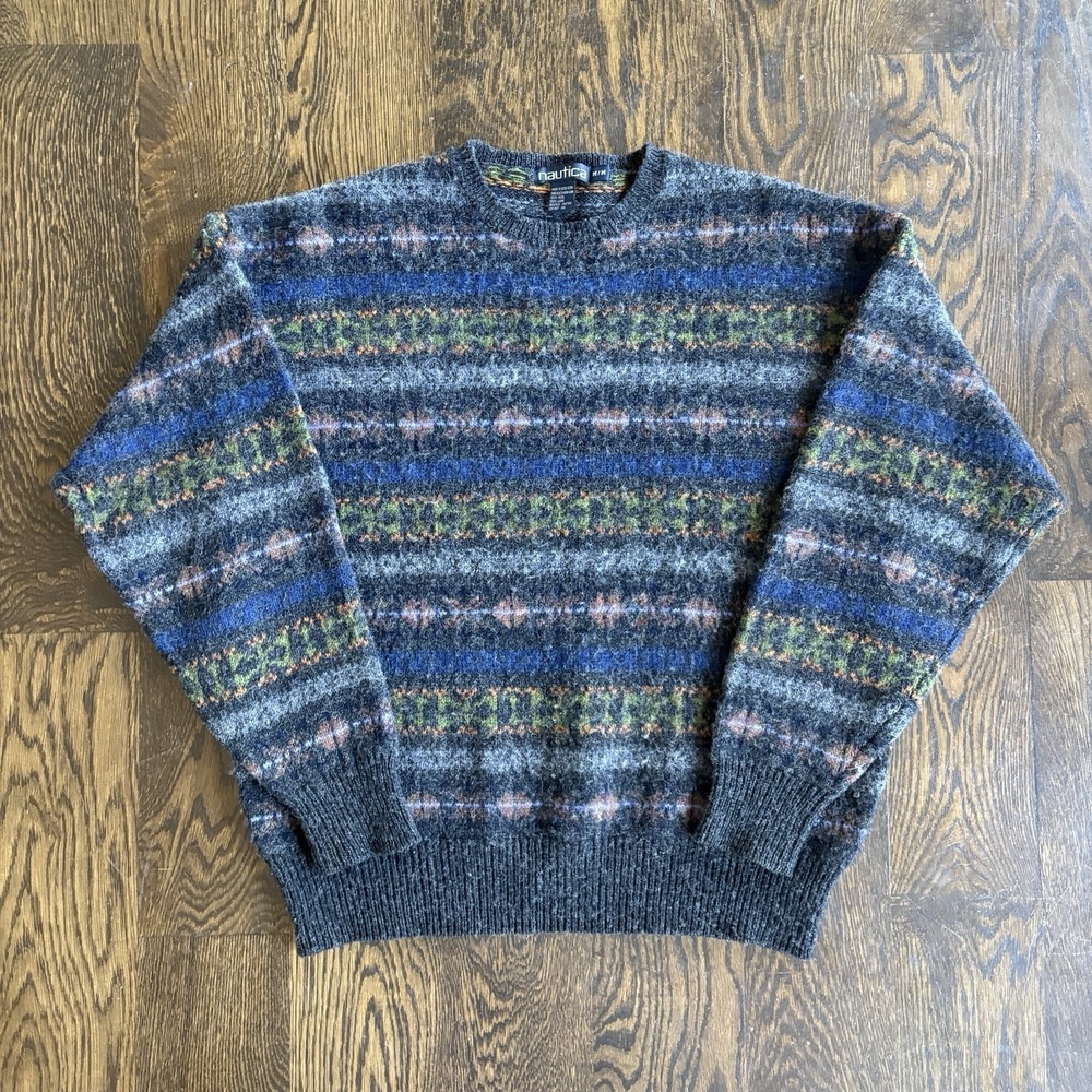 Vtg 90s Nautica 100% Wool Fair Isle Sweater Mens M Shaggy Knit Crewneck Boxy